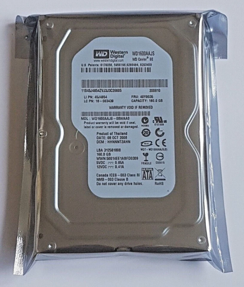 160 GB SATA Western Digital WD1600AAJS-08WAA0 7200rpm 8MB 3,5 " Hard Drive New - Image 1 of 1