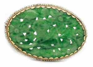 14K Yellow Gold Jade Brooch with Seed Pearls. - Picture 1 of 6
