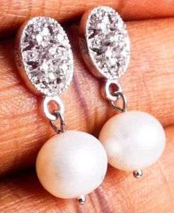 Sterling Silver Diamond Accent 8mm Freshwater Pearl Dangle Drop Earrings - Picture 1 of 15