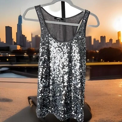 Camiseta sin mangas Express con lentejuelas frontal cuello redondo sin mangas XS brillante salir de fiesta Foto 1 de 4