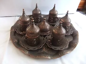 Vintage Copper Turkish Coffee Cups Tray Sugar Bowl Set Porcelain Liners - Picture 1 of 20