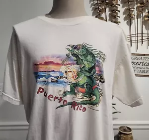 Camiseta blanca vintage años 90 Puerto Rico, pescado bebiendo cerveza en la playa talla XL - Imagen 1 de 3
