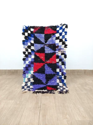 Vintage Moroccan Berber Small Rug 2x4 Colorful Blue Geometric Tribal Boho Carpet - Image 1 of 4
