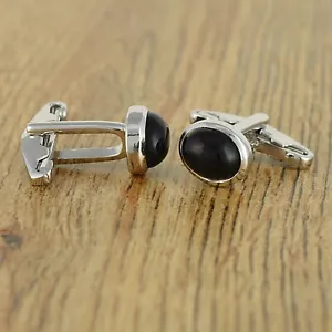 925 Sterling Silver Oval Cabochon Black Onyx Gemstone Men's Cufflinks Gift - Picture 1 of 3