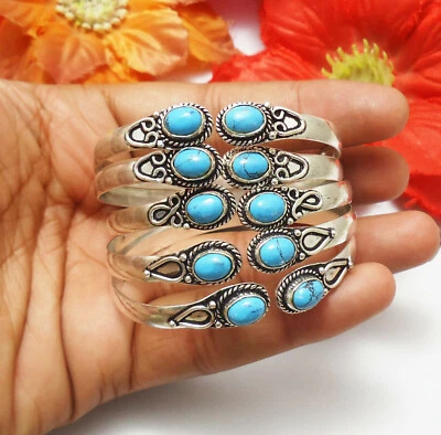 Sleeping Beauty Turquoise Gemstone 10pcs Cuff Bracelet 925 Silver Plated - Image 1 of 3