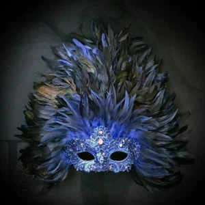 Carnival Large Feather Masquerade Mask Mardi Gras Blue Feathers - Picture 1 of 1
