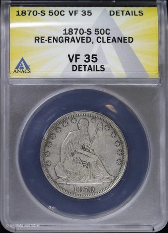 1870 S 50c Seated Liberty Half 1/2 Dollar ANACS VF 35 Details Cover