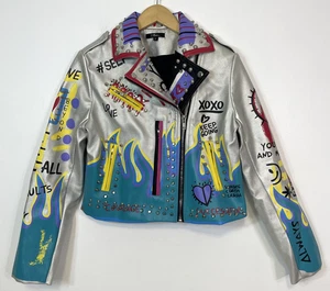 Chaqueta Grunge Para Ella Nueva York Tachonada Imitación Cuero Punk Llamas Rocker Motocicleta M - Imagen 1 de 15