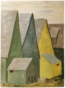 AMERICAN FOLK ART MID-20TH C VINT MINIMALIST O/B HOUSES by SHORE, UNSGND, UNFRMD - Picture 1 of 12