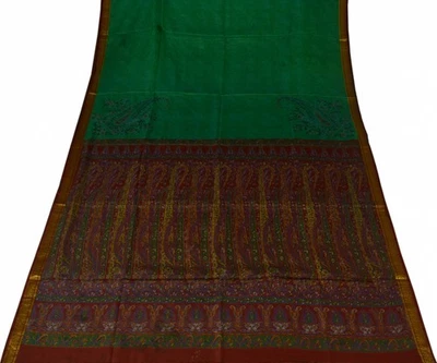 Sushila Vintage Green Scrap Saree 100% Pure Silk Printed Paisley Sari Fabric - Image 1 of 4