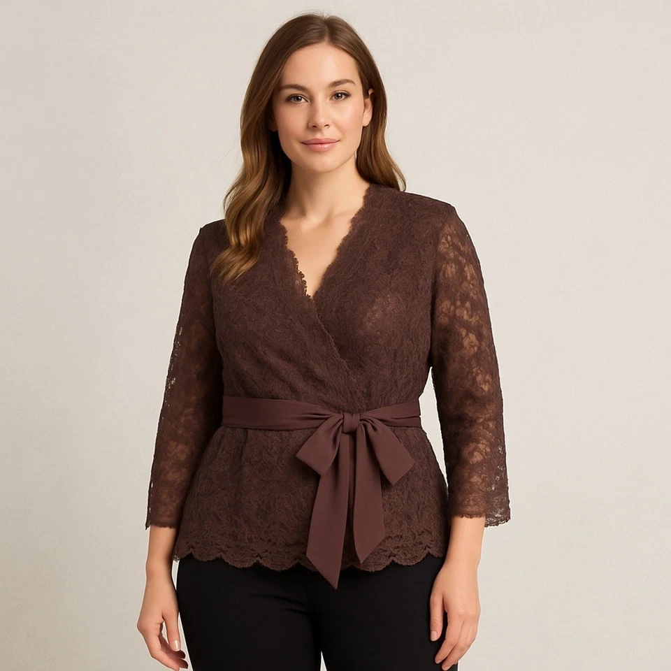 Blusa Alex Evenings Mujer XL Marrón Encaje Envolvente Peplum Manga 3/4 Transparente Cinturón Foto 1 de 4