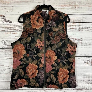 Damen Vintage weißer Hirsch schwarz Gobelin gewebt durchgehender Reißverschluss Weste Blumen Cottagecore L - Bild 1 von 8