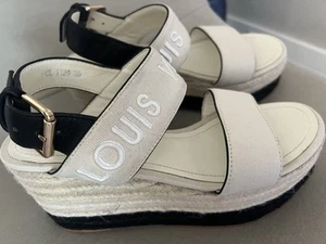 Louis Vuitton Wedge White Leather Stack Rope Louis Vuitton Print Size 8.5/39 - Picture 1 of 12