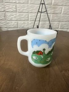 VTG Anchor Hocking Milk Glass Mug Farm Red Barn Sheep Country Made In USA - Picture 1 of 6