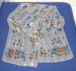 Sheer Summer Scarf Yellow White Blue Flowers Striped Liz Claiborne 10" Wide - Picture 1 of 7
