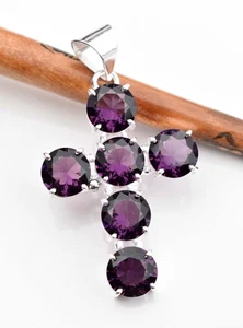 "Elegant Amethyst Cross Pendant – February Birthstone Gemstone Sterling Silver" - Picture 1 of 3