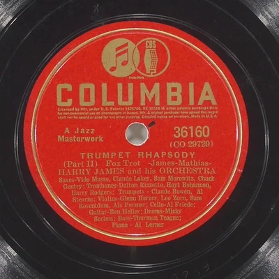 HARRY JAMES Trumpet Rhapsody COLUMBIA 36160 VG 78 RPM 1941 Big Band 10" Jazz Foto 1 de 4