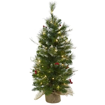 Nearly Natural 3' Christmas Tree W/clear Lights Berries & Burlap Bag - Image 1 of 4