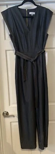 CALVIN KLEIN Womens 8 Cap Flutter Sleeve Belt Jumpsuit Business Casual Chambray - Picture 1 of 21