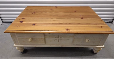 Ethan Allen Farmhouse Pine Coffee Table, #23-8210 Antiqued White/Weathered Pine - Image 1 of 4