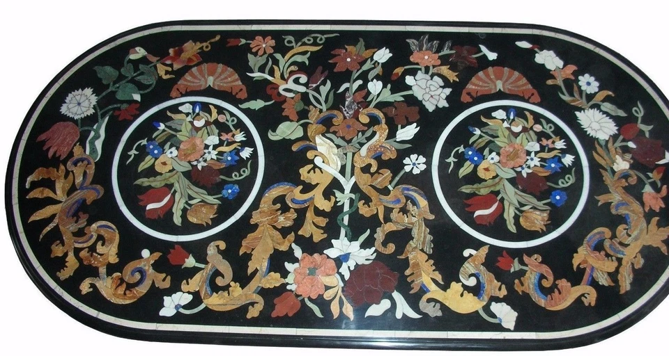 48" x 24" Black Marble Dining / Center Table Top Inlay Pietra Dura Art Work - Image 1 of 1