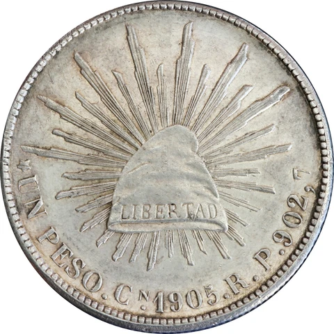 Mexico 1 Peso Cn 1905 R.P. Culiacan, Key Date. KM# 409 Cover