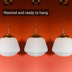 Vintage Brass Schoolhouse Glass Globe Kitchen Pendant Lights Opaline Milk Glass - Picture 1 of 7