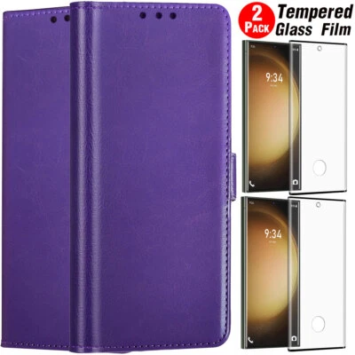Purple For Samsung Galaxy S23 Ultra 5G Leather Case Wallet Cover Tempered Glass - Image 1 of 4