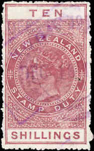 NZ, 10/- QV TYPE LONG REVENU, ROUGE, 1880, NON POINÇONNÉ, F, U.