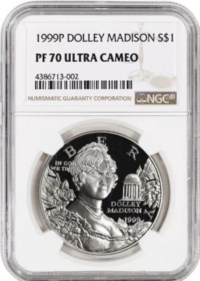 1999 DOLLEY MADISON Silver Dollar NGC PF70💥FLAWLESS QUALITY💥 - Image 1 of 4