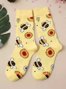 Sunflower & Bee Pattern Crew Socks Silly Socks for Women Funky Socks Funny Socks - Picture 1 of 5