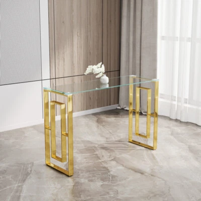 Dining Table Console Table Stainless Steel Glass Meal Side Table Golden Clear - Image 1 of 4