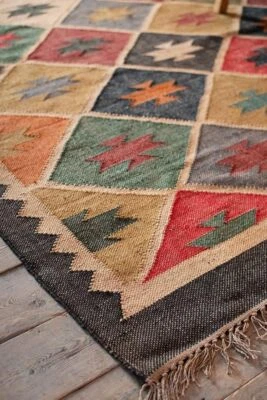 Natural Indian Handwoven Wool Jute Kilim Rug, Kilim Dhurrie Rug, Runner Area Rug - Image 1 of 4