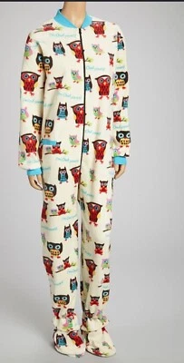 Lazy One Owl Print Adult Fleece One Piece Footed Pajamas Sz XXS - Image 1 of 3