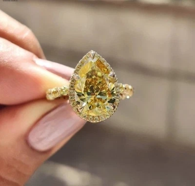 Anillo de boda de diamantes y zafiros amarillos naturales de pera de 3,50 quilates de oro amarillo de 14 quilates talla 8 Foto 1 de 4