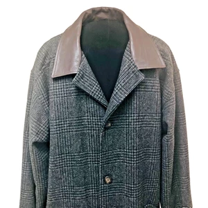 Vintage Eddie Bauer Mens XL Tall Glen Plaid Coat Wool Overcoat Tweed Leather USA - Picture 1 of 16