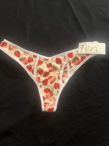 VINTAGE TERI LINGERIE THONG LIGHT YELLOW WITH STRAWBERRIES SIZE L - Picture 1 of 9
