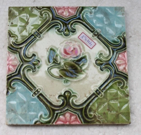VINTAGE TILE ART NOUVEAU MAJOLICA PINK FLOWER DESIGN ARCHITECTURE TILE NH4438 Cover