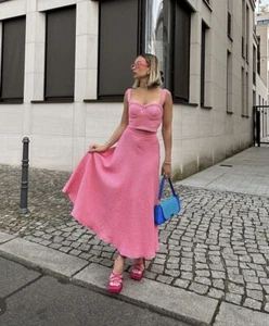 ZARA NWT WOMAN (SET OF TOP+SKIRT) TEXTURED BUSTIER LONG SKIRT FADED PINK SS23 - Picture 1 of 13
