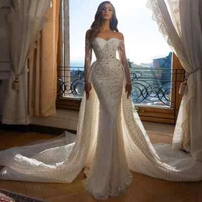 Elegante Vestido de Boda Sirena Hombro Descubierto Mangas Azufre Cristal Lentejuelas Tren Foto 1 de 4