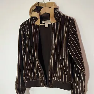 Stussy Velour Waffle Lined Zip Up Jacket Coat Stripe Y2K Zippered Hood Sz Large - Picture 1 of 20