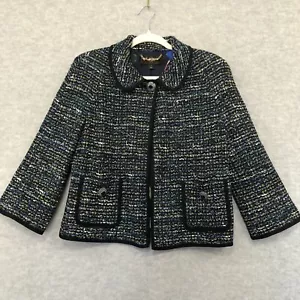 Giacca blazer St John Couture tweed maglia foderata bordo nastro blu verde oro taglia 6 - Foto 1 di 16