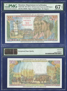 REUNION 500 FRANCS OVERPRINT 10 NEW FRANCS 1971 P-54b PMG SUPERB GEM UNC 67 - Picture 1 of 1