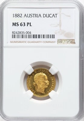 AUSTRIA  , FRANZ JOSEPH GOLD 1 DUCAT 1882 - VIENNA MINT -  NGC MS 63 PL , RARE5 - Image 1 of 4