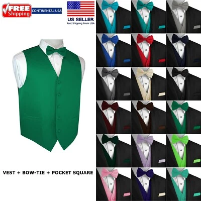 Men's Solid Satin Tuxedo Vest, Bow-Tie and Hankie. Formal, Dress, Wedding, Prom - Image 1 of 2