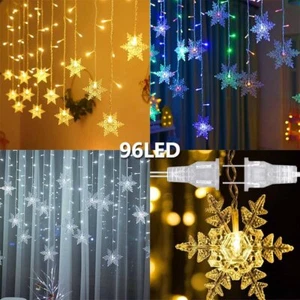 96 LED Curtain String Lights Fairy Snowflake Christmas Window Hanging Decor - Picture 1 of 12
