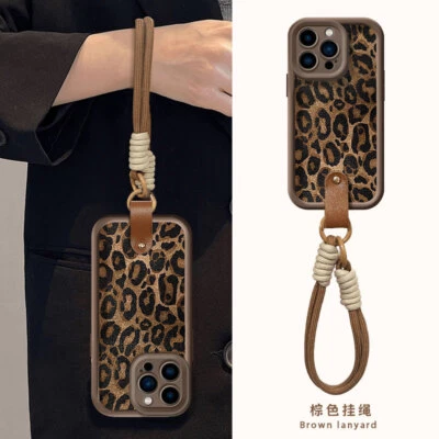 For iPhone Huawei Xiaomi OnePlus Leopard Print Back Case +WristStrap Phone Cover - Image 1 of 4