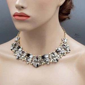 Women Black Gray Crystal Statement Bib Pendant Necklace Choker Antique Gold 0272 - Picture 1 of 7