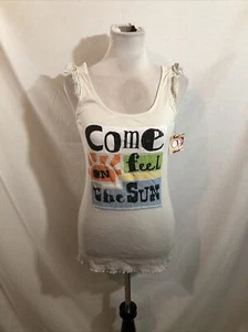 "Tanque acanalado gris OP con encaje ""Come On Feel The Sun"" - para mujer XL, nuevo con etiquetas, busto 14""" - Imagen 1 de 4