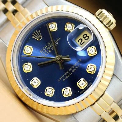 ROLEX LADIES DATEJUST BLUE DIAMOND DIAL 18K YELLOW GOLD & STEEL WATCH 69173 - Image 1 of 4